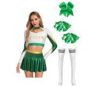 CHICTRY Womens Cheerleading Crop Top Miniskirt Set with Bowknot Hairband Shiny Rhinestone Dance Costume Green XL