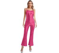 CHICTRY Womens Disco Costume Sparkly Sequins Dance Jumpsuit 70s Cami Long Unitard Rompers Overalls Hot Pink 3XL