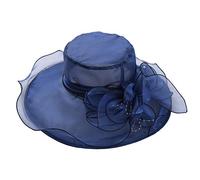 CHICTRY Womens Elegant Ruffles Wide Brim Top Flower Organza Kentucky Sun Hat Navy Blue One Size