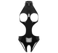 CHICTRY Women's Faux Leather Leotard Shiny Cutout Front Zipper Bodycon Bodysuit Lingerie Jumpsuit 2# Black A XL