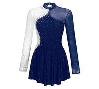 CHICTRY Women's Figure Ice Skating Dance Dress Color Block Roller Skating Costume Gymnastic Leotard Navy Blue L