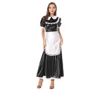 CHICTRY Women's French Maid Cosplay Dress with Apron Satin Lapel Collar Maxi Dress for Halloween Party Black L