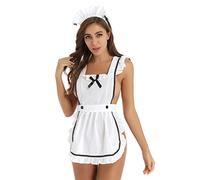 CHICTRY Womens French Maid Ruffle Cosplay Costume Retro Apron with Hair Hoop and G-String Briefs White One Size