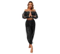CHICTRY Women's Girls Belly Dance Outfits India Dance Costume Off Shoulder Cropped Tops with Lantern Bloomers Black One Size