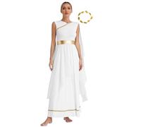 CHICTRY Womens Greek Toga Ancient Roman Senator Caesar Costume Robe Dress with Gold Leaves Headwear White S