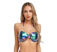 CHICTRY Women's Hawaiian Seashell Bra Halter Neck Pearl Chains Halloween Mermaid Costume Swim Top Blue M