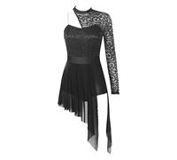 CHICTRY Women's Lace Lyrical Ballet Leotard Dress One Shoulder Irregular Mesh Latin Samba Modern Dress Black Lace XL