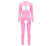 CHICTRY Womens Latex Jumpsuit Long Sleeve Hollowing Out Full Body Catsuit Bodysuit Rompers Nightclub Hot Pink S
