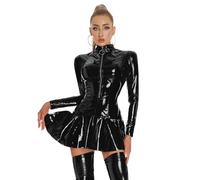 CHICTRY Womens Latex Zipper Front Mini Dress Faux Leather Stand Collar Bodycon Party Club Dresses Long Sleeve Black B S