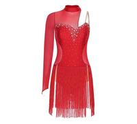 CHICTRY Women's Latin Dance Dress Rumba Samba Salsa Ballroom Dancewear Single Long Sleeve Fringe Dance Dress Red L