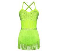 CHICTRY Women's Latin Dance Leotard Jazz Dance Top Sleeveless Fringe Sparkly Bodysuit Samba Salsa Dancewear Fluorescent Yellow M