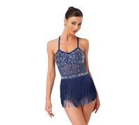 CHICTRY Women's Latin Dance Leotard Jazz Dance Top Sleeveless Fringe Sparkly Bodysuit Samba Salsa Dancewear Navy Blue S
