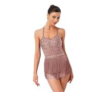 CHICTRY Women's Latin Dance Leotard Jazz Dance Top Sleeveless Fringe Sparkly Bodysuit Samba Salsa Dancewear Dusty Pink S