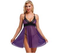 CHICTRY Women's Lingerie Sexy Nightwear Spaghetti Strap Nightgown Babydoll Chemise with G-Strings Purple XXL