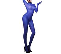 CHICTRY Women's Long Sleeves Zipper Full Bodystocking Bodysuits Ice Silky One Piece Nylon Jumpsuits Blue One Size