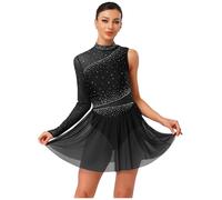 CHICTRY Women's Lyrical Dance Costume Single Shoulder Modern Contemporary Dance Dress Ballet Dancewear Black XL