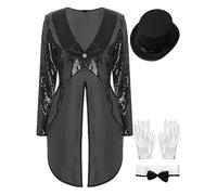 CHICTRY Women's Magician Cosplay Costume Sequin Tailcoat Circus Showman Tuxedo Jacket with Hat Set Black S