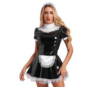CHICTRY Women's Metallic PVC Leather French Maid Costume Sexy Teddy Lingerie Fancy Dress with Apron Lace Black XL