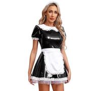 CHICTRY Womens Patent Leather French Maid Cosplay Costume Outfits Bodycon Tutu Skirt Mini Dress 10# Black B XXL