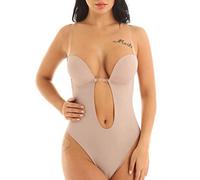 CHICTRY Women's Plunging Deep V-Neck Strapless Backless Bodysuit Thong Bridal Shapewear Nude 34