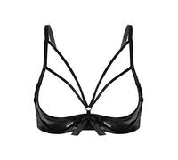 CHICTRY Women's PVC Leather 1/4 Cups Shelf Bra Top Underwired Open Nipple Push Up Bralette Lingerie Black L