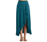CHICTRY Women's Retro Pleated Elastic Waist Asymmetric Hem High Split Dance Skirt Green XL