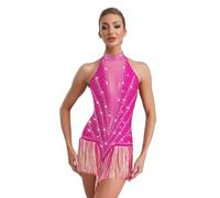 CHICTRY Women's Rhinestones Latin Dance Leotard Skirt Tassel Modern Lyrical Ballroom Tango Jazz Dance Dress HotPink XXL