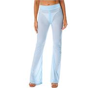 CHICTRY Women's See Through Sheer Flare Pants Tight Leggings Elastic Waist Wide Leg Palazzo Trousers Blue One Size