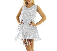 CHICTRY Women's Sequins Tassel Dance Dress Flapper Fringed Latin Salsa Ballroom Dance Costume Silver Sequins XXL