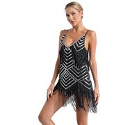 CHICTRY Women's Sequins Tassels Dance Dress Cocktail Ballroom Salsa Rumba Latin Dance Costume Black&Silver XL