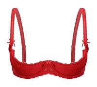 CHICTRY Womens Sexy 1/4 Cup Lace Bra Balconette Halter Push Up Underwired Bra Bralette Shelf Bras Red A L