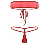 CHICTRY Womens Sheer Mesh Lingerie Set Strapless Tie-on Tube Bra Top with G-String Thong Briefs Red One Size