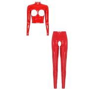 CHICTRY Women's Shiny Latex Crop Top with Leggings Long Sleeve Open Front Shrug Tops Tight Pants Red A M