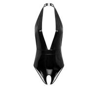 CHICTRY Womens Shiny Leather One Piece Exposed Breasts Bodysuit Catsuit Hollow Out Jumpsuit Clubwear 7# Black E M