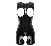 CHICTRY Womens Shiny Leather One Piece Exposed Breasts Bodysuit Catsuit Hollow Out Jumpsuit Clubwear 2# Black M