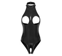 CHICTRY Womens Shiny Leather One Piece Exposed Breasts Bodysuit Catsuit Hollow Out Jumpsuit Clubwear Black L