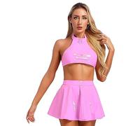 CHICTRY Womens Shiny Metallic Keyhole Crop Top Vest Bra with Ruffle Mini Skirt Cheerleading Set 3# Hot Pink S