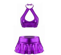 CHICTRY Womens Shiny Metallic Keyhole Crop Top Vest Bra with Ruffle Mini Skirt Cheerleading Set Purple M