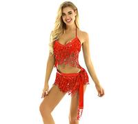 CHICTRY Womens Shiny Sequin Tassels Belly Dance Costume Halterneck Bra Top with Hip Scarf Wrap Skirts Red One Size