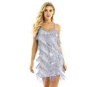 CHICTRY Women's Shiny Sequined Sleeveless 1920s Fringe Tassels Hem Flapper Mini Dress Dancewear Silver-Gray One Size