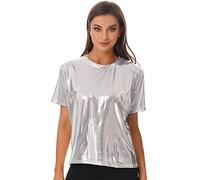 CHICTRY Women's Shiny Tops Holographic Metallic Short Sleeve Shirt Glitter Sparkle Party Disco Tee Shirt Blouse Silver XXL