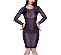 CHICTRY Womens Silky Bodystocking Dress Mesh Sheer Shiny Glossy Slim Fitted Camisole Midi Nightdress Black XL