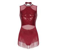 CHICTRY Women's Tassel Dance Dress Sequins Leotard Ballroom Samba Salsa Latin Jazz Dancing Outfit Burgundy L L