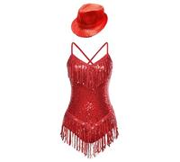 CHICTRY Women's Tassels Latin Dance Leotard with Jazz Hat Sequins Rumba Ballroom Cocktail Party Dance Dress Red S