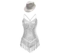 CHICTRY Women's Tassels Latin Dance Leotard with Jazz Hat Sequins Rumba Ballroom Cocktail Party Dance Dress White S