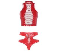 CHICTRY Women's Two Piece Glossy Latex Lingerie Set Front Cutout Crop Top and High Waist Booty Shorts Red 4XL