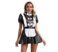 CHICTRY Women's Wet Look PVC Leather French Maid Costume Dress Cosplay Clubwear Black F L