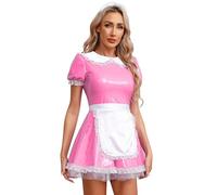 CHICTRY Women's Wet Look PVC Leather French Maid Costume Dress Cosplay Clubwear Hot Pink E 4XL