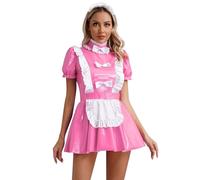 CHICTRY Women's Wet Look PVC Leather French Maid Costume Dress Cosplay Clubwear Pink F M