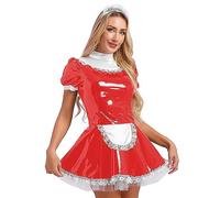 CHICTRY Women's Wet Look PVC Leather French Maid Costume Dress Cosplay Clubwear Ruffles Red M